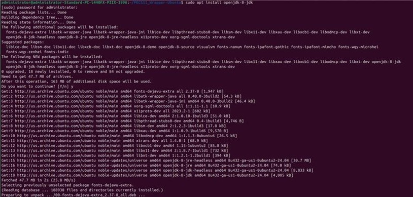 Terminal output showing Java 8 being installed