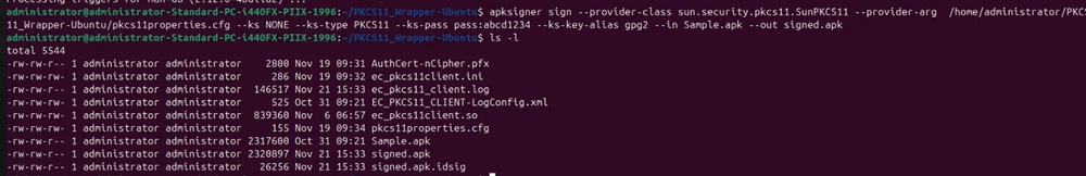 Terminal showing the apksigner sign command being run on Ubuntu