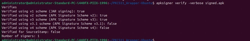 Terminal output showing apksigner verify confirming a valid signature on Ubuntu