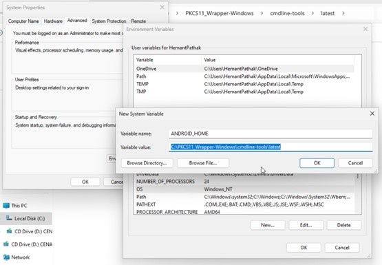 Windows Environment Variables dialog showing the ANDROID_HOME variable