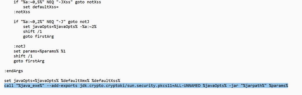 Apksigner.bat file showing the updated last line after editing