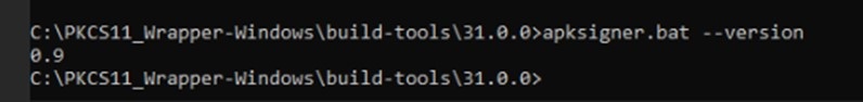 Command Prompt output showing the Apksigner.bat version on Windows