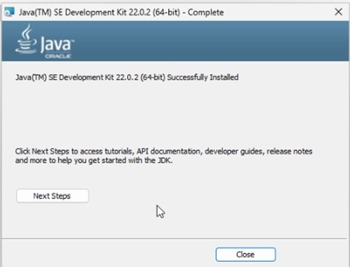 Java 22 installer completion screen on Windows