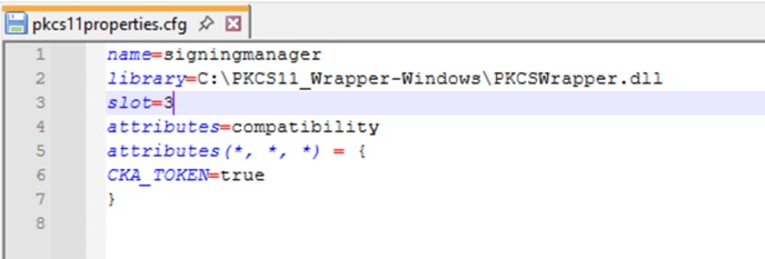 pkcs11properties.cfg file showing the Luna HSM slot number entry on Windows