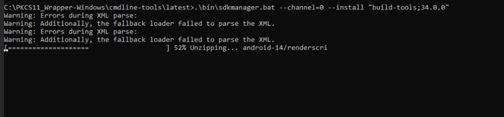 Command Prompt output showing the Android build tools being installed on Windows