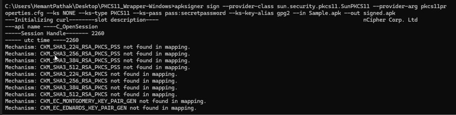 Command Prompt showing the apksigner sign command being run on Windows