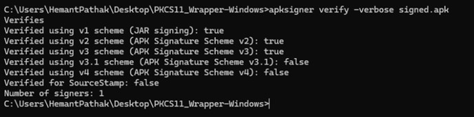 Command Prompt output showing apksigner verify confirming a valid signature on Windows