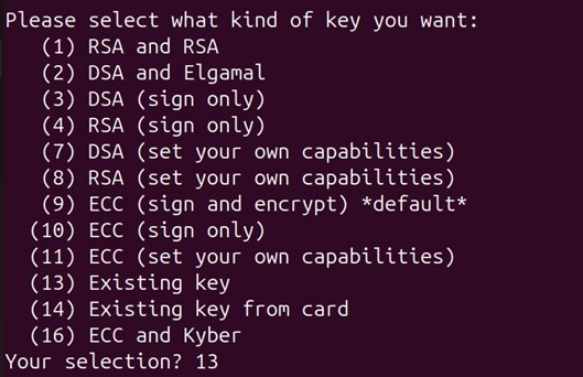 Gpg generate key select 13 output