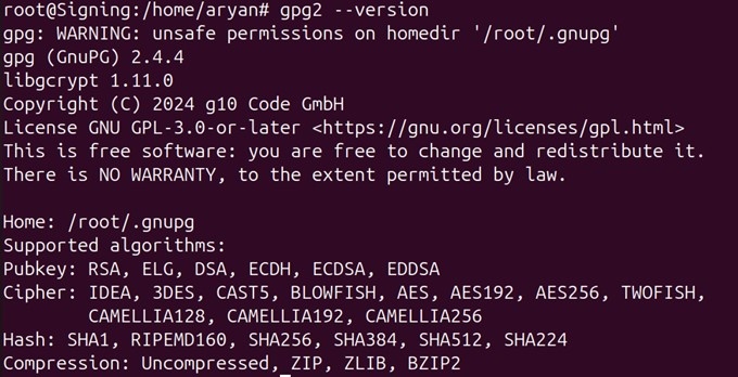 Gpg2 version output