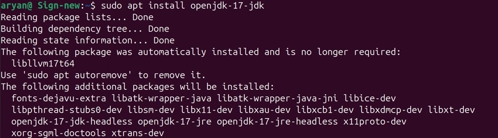 Java17 install linux output