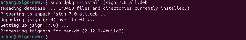 JSign install linux output