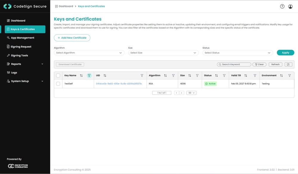 Add new certificate menu output