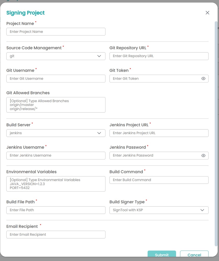 Add signing project form output