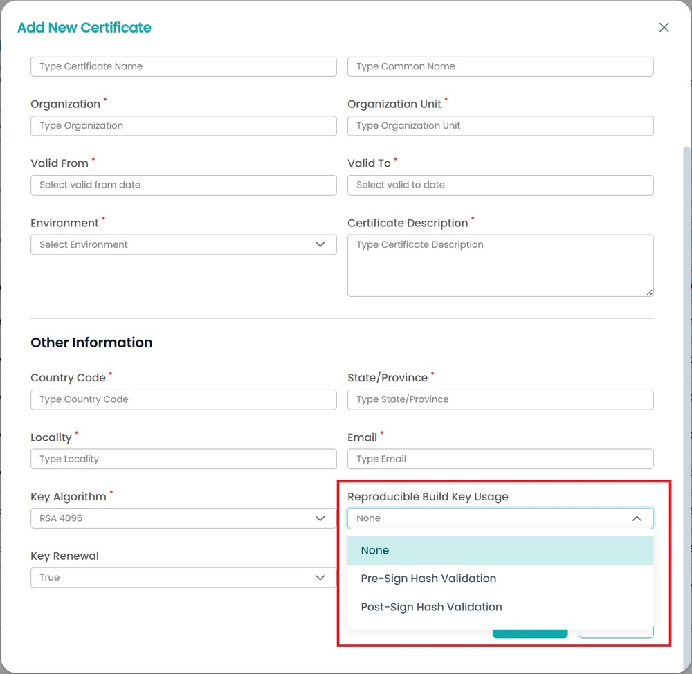 Cert creation form output
