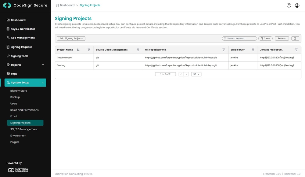 Signing projects menu output