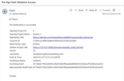 Success notification email output