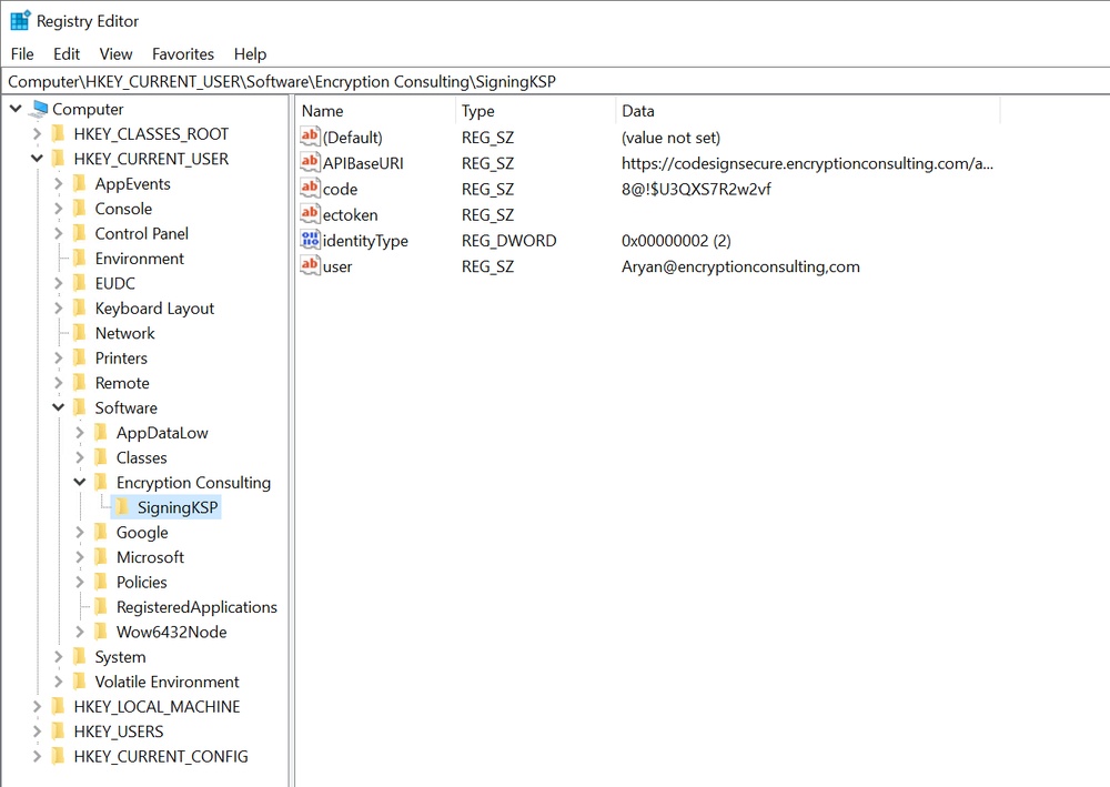 Registry editor navigate output
